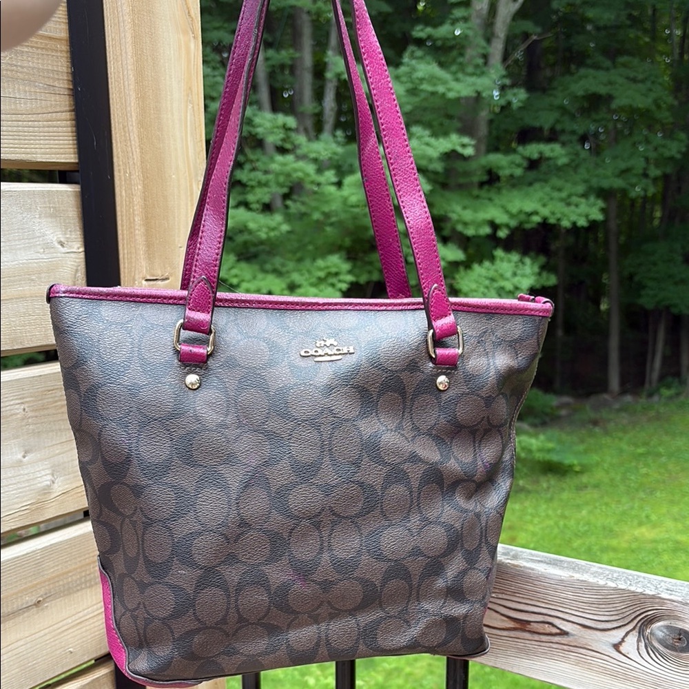 Coach Brown and Pink Monogram Tote with Silver Hardware